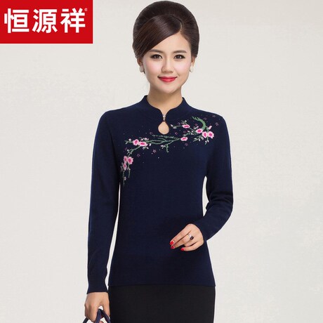 恒源祥羊毛衫女冬季针织衫中老年妈妈装嵌花镶钻立领打底毛衣女装商品大图