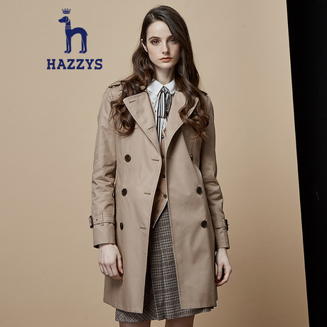 Hazzys哈吉斯英伦女装纯色风衣女潮流修身棉中长款休闲秋装外套商品大图