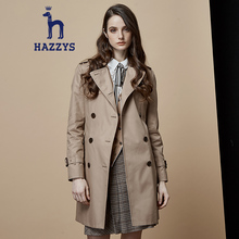 Hazzys哈吉斯英伦女装纯色风衣女潮流修身棉中长款休闲秋装外套图片