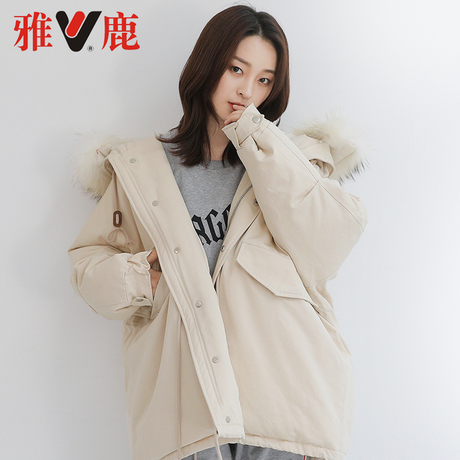 yaloo/雅鹿反季羽绒服女短款韩版时尚百搭宽松大毛领羽白色外套潮商品大图