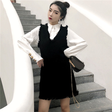 秋装小香风粗花呢中长款V领马甲背心裙小翻领纯色衬衫女时尚套装