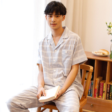 夏季薄款 长裤 青年全棉休闲家居服套装 纯棉纱布夏天短袖 睡衣男士