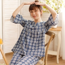 七分袖 套装 睡衣韩版 长裤 2019春夏新品 纯棉双层纱布女士套头家居服