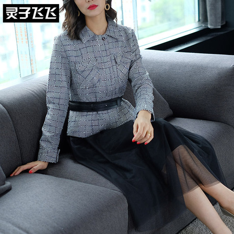 灵子飞飞欧美潮流新款翻领长袖千鸟格女上衣气质飘逸A字网纱长裙商品大图