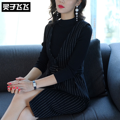 灵子飞飞欧美潮流新款圆领长袖针织衫背带条纹连衣裙收腰气质女装商品大图