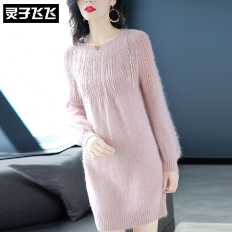 灵子飞飞欧美时尚新品圆领长袖针织粉色少女裙通勤OL甜美连衣裙商品大图