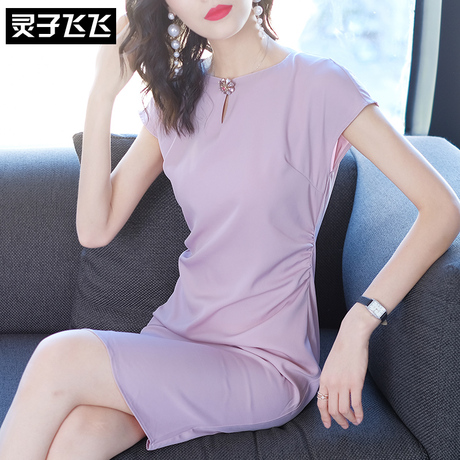 灵子飞飞欧美时尚新品圆领简约短袖显瘦包臀女裙通勤简约连衣裙商品大图