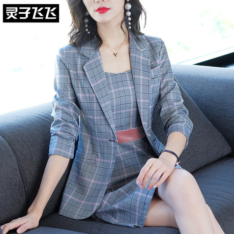 灵子飞飞2018秋装新品格纹印花女西服圆领瘦身包臀打底通勤连衣裙商品大图