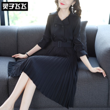 灵子飞飞欧美时尚新款翻领七分袖腰带拼搭百褶裙摆纯色优雅连衣裙图片
