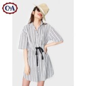C&A女式翻领收腰纽扣中袖连衣裙 纯棉插袋休闲短裙CA200205278-1
