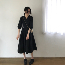 Nnzes自制 2019款女很仙的法国小众连衣裙中长款七分袖V领A字裙
