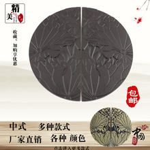 磨砂黑色玻璃门拉手中式圆形雕刻荷叶荷花纹古铜木门有框大门把手