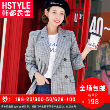 韩都衣舍2018秋装新款韩版女装复古格纹休闲女士小西装外套女图片