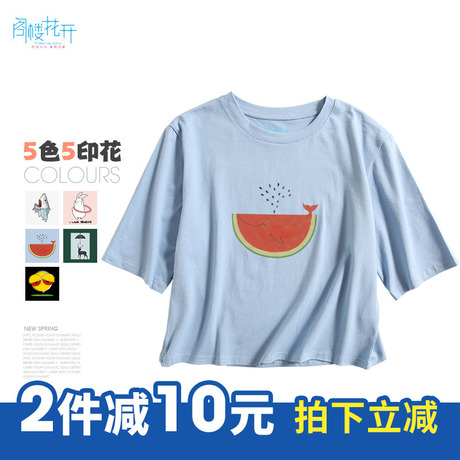 阁楼花开短袖女2018新款人物印花短袖女学生宽松韩版ulzzang 百搭商品大图
