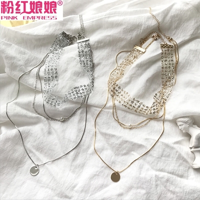 韩国个性夸张亮片闪闪复古多层链条圆片项链锁骨链颈链女项圈脖颈