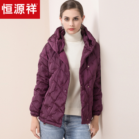 恒源祥羽绒服女连帽保暖冬装拉链白鸭绒收腰绣花A字款外套商品大图