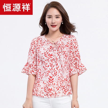 恒源祥T恤女半袖2018夏装新款圆领中年宽松妈妈装休闲薄款打底衫商品大图