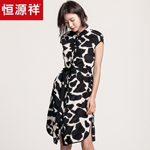 恒源祥桑蚕丝翻领连衣裙女短袖套头裙系带收腰中长款真丝夏装裙子图片