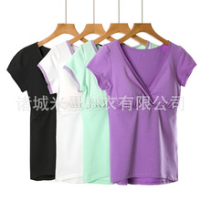 半袖 哺乳衣喂奶服月子服T恤棉 纯带胸交叉开口哺乳短袖