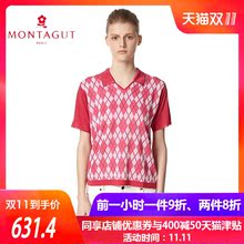Montagut梦特娇女装亮丝 时尚菱格纹拼色V翻领短袖T恤polo衫女图片