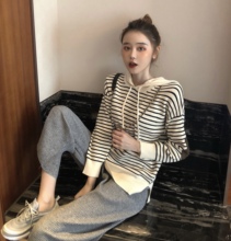 秋季新款 休闲裤 套装 百搭显瘦阔腿裤 复古心机清新条纹连帽针织衫