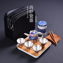 干泡盘 999纯银整套功夫旅行茶具青花瓷功夫茶具手工鎏银套装