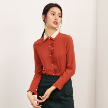 百达依莉甜美木耳边衬衫女2018秋季新款长袖雪纺宽松衬衣打底上衣图片