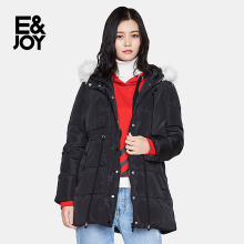 艾格E＆joy2018冬季简约抽绳显瘦毛领连帽中长款羽绒服女M150图片