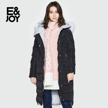 艾格E＆joy冬季通勤纯色保暖毛领连帽中长款羽绒服女M143商品大图