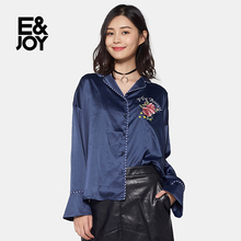 艾格E＆joy时尚花卉刺绣喇叭长袖袖衬衫女M222图片