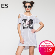 艾格 ES中长款女装米奇露肩条纹针织T恤S625图片