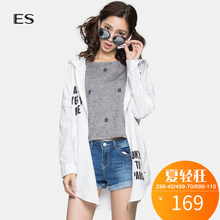 艾格ES2018时尚女式印花百搭时尚连帽挽袖中长款衬衫女S101图片