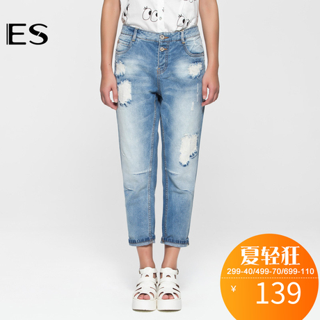 艾格 ES 女装2018秋装猫须破洞褶皱宽松牛仔裤S598商品大图