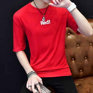 大红色韩版下天潮流短信男士短袖t恤热天短衣服丅桖体血上衣短轴