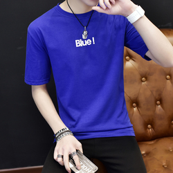 深蓝色韩版下天潮流短信男士短袖t恤热天短衣服丅桖体血上衣短轴