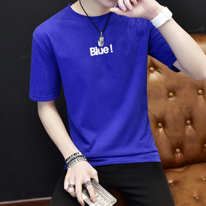 深蓝色韩版下天潮流短信男士短袖t恤热天短衣服丅桖体血上衣短轴