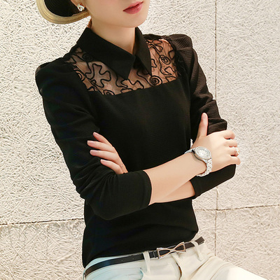 彩黛妃2018春夏新款韩版大码女装泡泡袖长袖打底衬衫修身蕾丝上衣