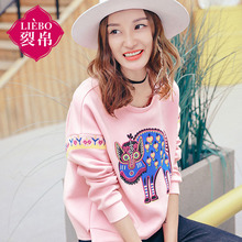 裂帛女装2018秋新款圆领贴布刺绣长袖衫开叉宽松套头卫衣女图片