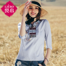 裂帛女装2018夏装新款小立领刺绣七分袖衬衫民族风套头衬衣女图片