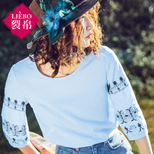 裂帛女装2018夏装新款气质圆领刺绣七分袖小衫简约套头衬衣女图片