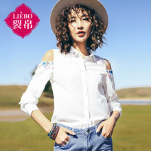 裂帛女装2018夏装新款翻领露肩长袖衬衣文艺刺绣直筒衬衫女图片