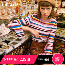 裂帛2018冬季新款经典圆领百搭撞色条纹时尚爆款温柔少女风毛衣女图片