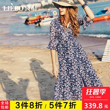 裂帛2018夏装新款复古民族V领开襟度假中袖印花雪纺仙气连衣裙女图片