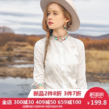 裂帛2018秋季新款个性立领刺绣清新白色蕾丝仙女风温柔中袖衬衫女图片