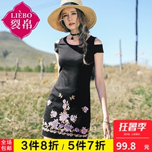 裂帛雪露肩连衣裙女夏2018新款民族风修身仙女裙花朵刺绣显瘦短裙图片