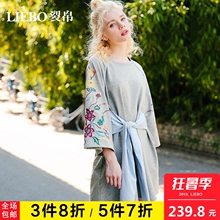 裂帛2018夏新款港味不规则个性圆领插肩刺绣喇叭中袖显瘦连衣裙女图片