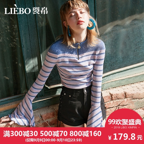 裂帛2018秋季新款简约圆领温柔半拉链条纹彩色喇叭袖长袖针织衫女商品大图