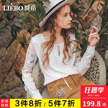 裂帛2018秋装新款文艺气质感圆领开口抽绳褶皱长袖刺绣透视衬衫女图片