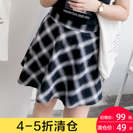 采多宝大码女装2018胖妹妹新款夏季韩版复古A字裙格子半裙潮Q2297商品大图