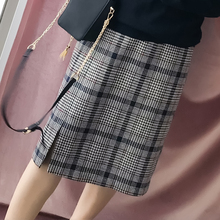 采多宝大码女装2018胖妹妹秋新款格纹毛呢开叉半身裙显瘦潮BQ0022图片